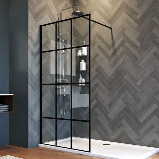 Душевая перегородка Veconi Korato KR-80, 900x2000, черный матовый, стекло прозрачное, принт клетка